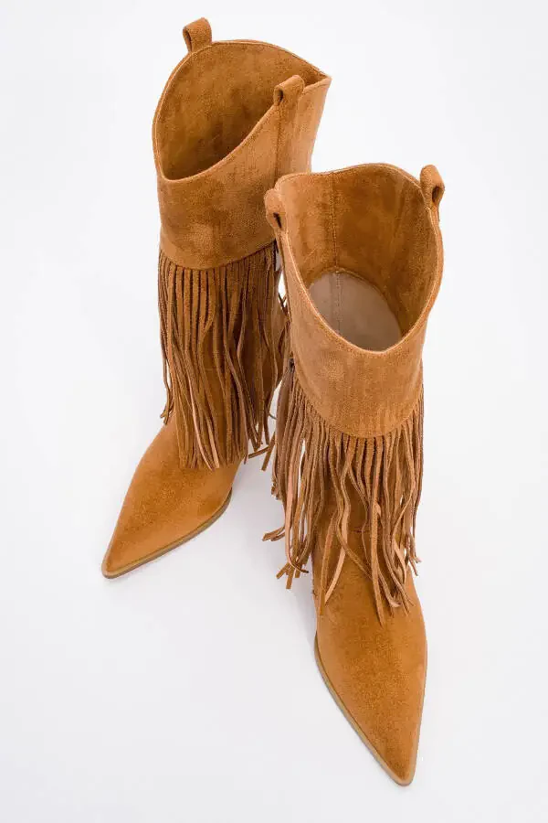 GUERAS Tan Suede Tassel Pointed Toe Women's Heel Boots - 2