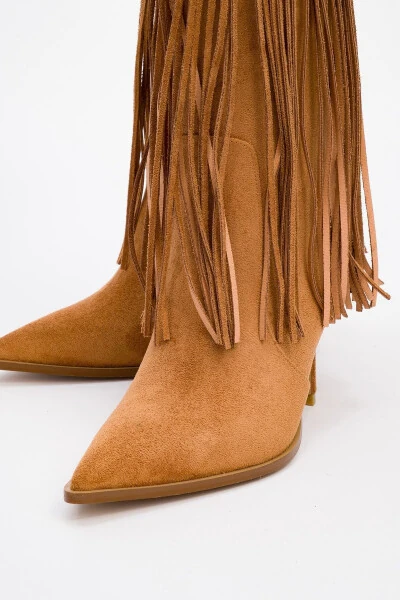 GUERAS Tan Suede Tassel Pointed Toe Women's Heel Boots - 3