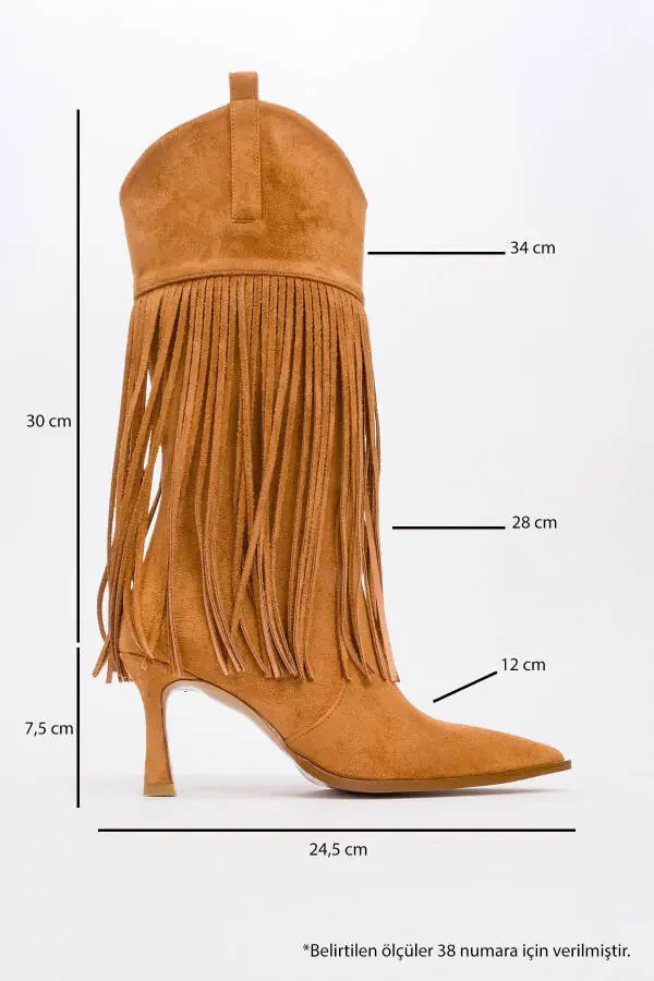 GUERAS Tan Suede Tassel Pointed Toe Women's Heel Boots - 4
