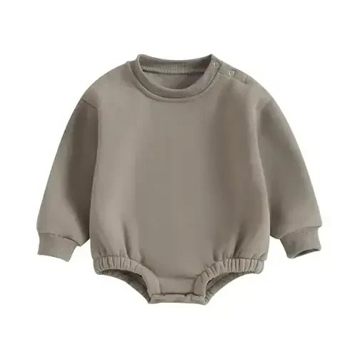 Gueuusu Newborn Warm Sweatshirt Romper Baby Boy Girl Solid Crewneck Long Sleeve Fleece Sweater Bodysuit Thick Winter Clothes - 1