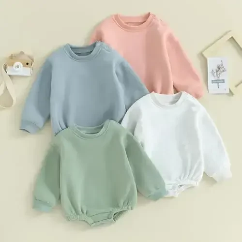 Gueuusu Newborn Warm Sweatshirt Romper Baby Boy Girl Solid Crewneck Long Sleeve Fleece Sweater Bodysuit Thick Winter Clothes - 2