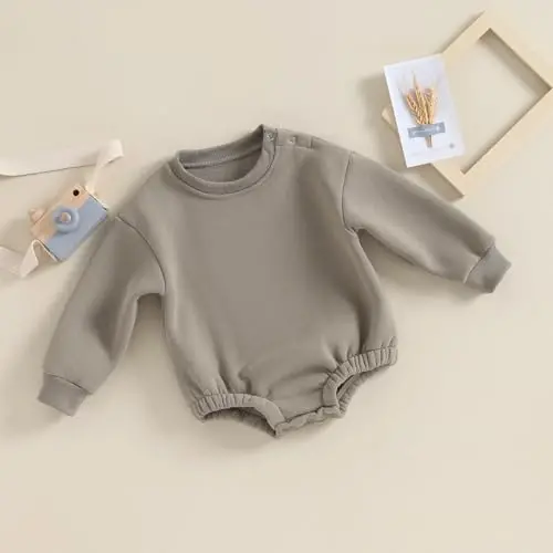 Gueuusu Newborn Warm Sweatshirt Romper Baby Boy Girl Solid Crewneck Long Sleeve Fleece Sweater Bodysuit Thick Winter Clothes - 2