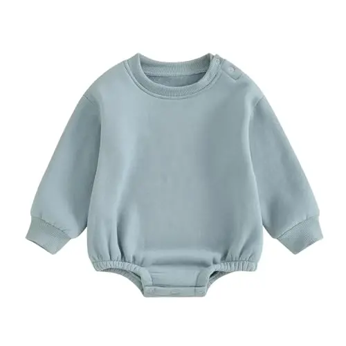 Gueuusu Newborn Warm Sweatshirt Romper Baby Boy Girl Solid Crewneck Long Sleeve Fleece Sweater Bodysuit Thick Winter Clothes - 1