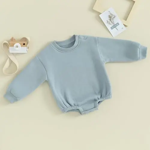 Gueuusu Newborn Warm Sweatshirt Romper Baby Boy Girl Solid Crewneck Long Sleeve Fleece Sweater Bodysuit Thick Winter Clothes - 2