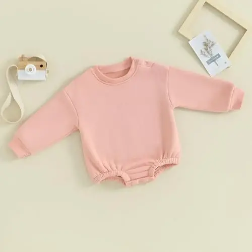 Gueuusu Newborn Warm Sweatshirt Romper Baby Boy Girl Solid Crewneck Long Sleeve Fleece Sweater Bodysuit Thick Winter Clothes - 3