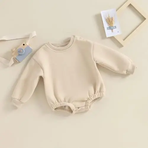Gueuusu Newborn Warm Sweatshirt Romper Baby Boy Girl Solid Crewneck Long Sleeve Fleece Sweater Bodysuit Thick Winter Clothes - 3