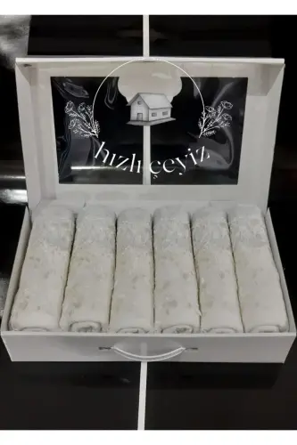 Guipure Satin Embroidered Patterned Boxed Luxury Dowry 50x90 6-Piece Hand and Face Towel Set - Ecru 