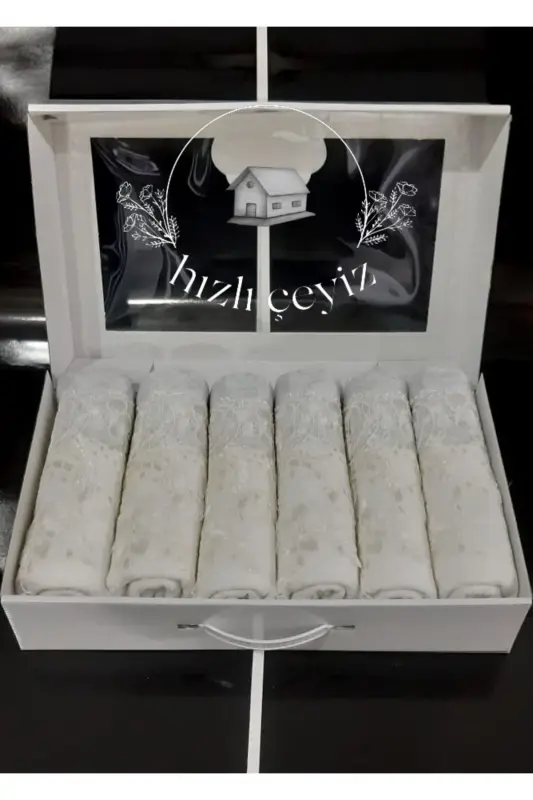 Guipure Satin Embroidered Patterned Boxed Luxury Dowry 50x90 6-Piece Hand and Face Towel Set - Ecru - 1