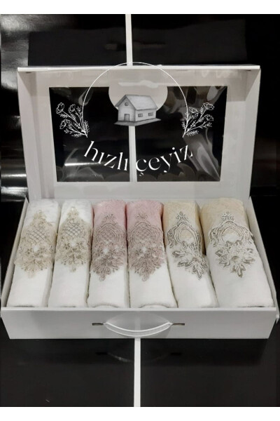 Guipure Satin Embroidered Patterned Boxed Luxury Dowry 50x90 6-Piece Hand and Face Towel Set - Powder Pink 