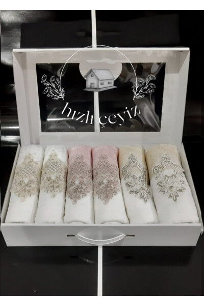 Guipure Satin Embroidered Patterned Boxed Luxury Dowry 50x90 6-Piece Hand and Face Towel Set - Powder Pink - 2