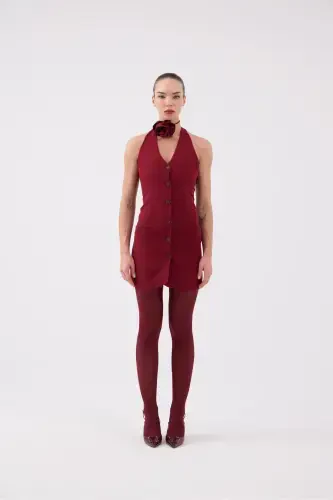 Gül Aksesuarlı Halter Yaka Düğmeli Mini Becca Elbise Bordo-Bordo - 1