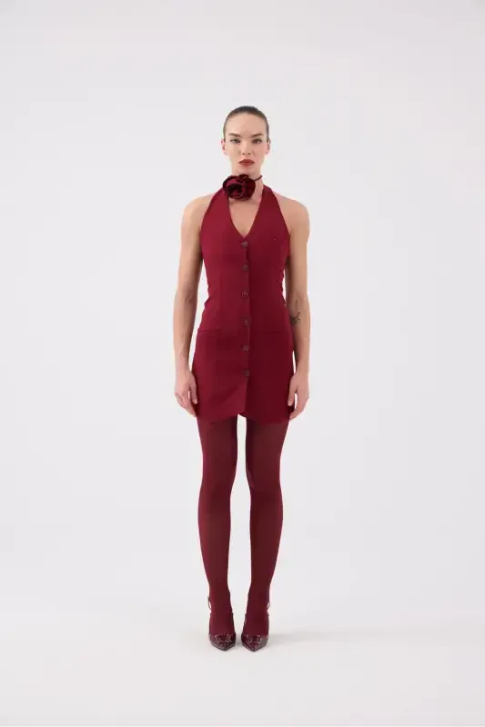 Gül Aksesuarlı Halter Yaka Düğmeli Mini Becca Elbise Bordo-Bordo - 1
