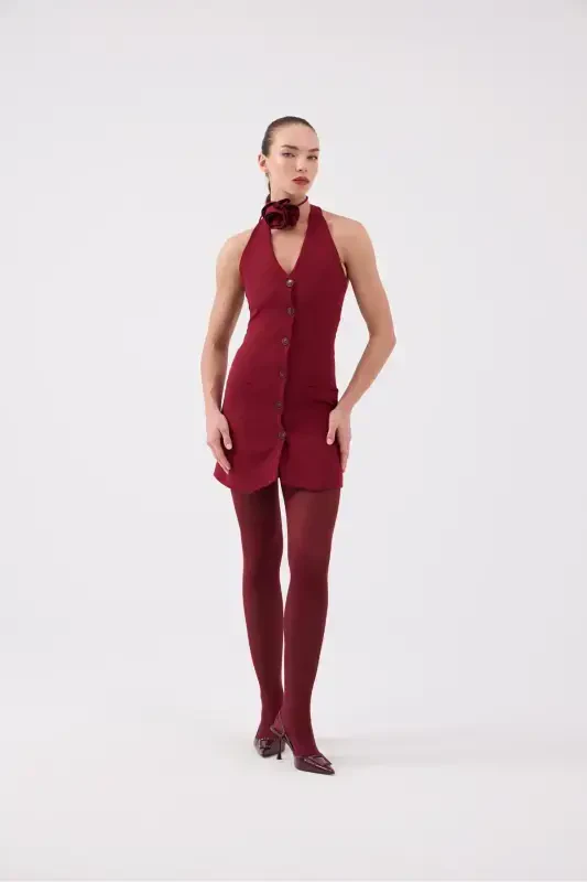 Gül Aksesuarlı Halter Yaka Düğmeli Mini Becca Elbise Bordo-Bordo - 2