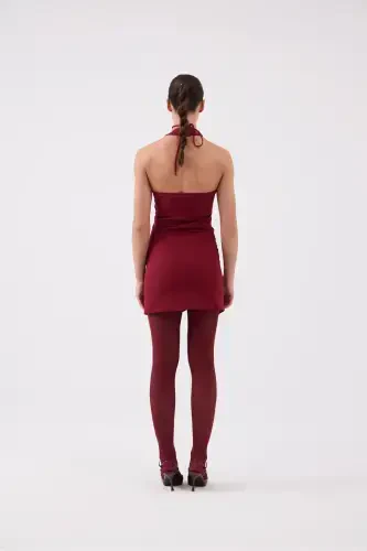 Gül Aksesuarlı Halter Yaka Düğmeli Mini Becca Elbise Bordo-Bordo - 5