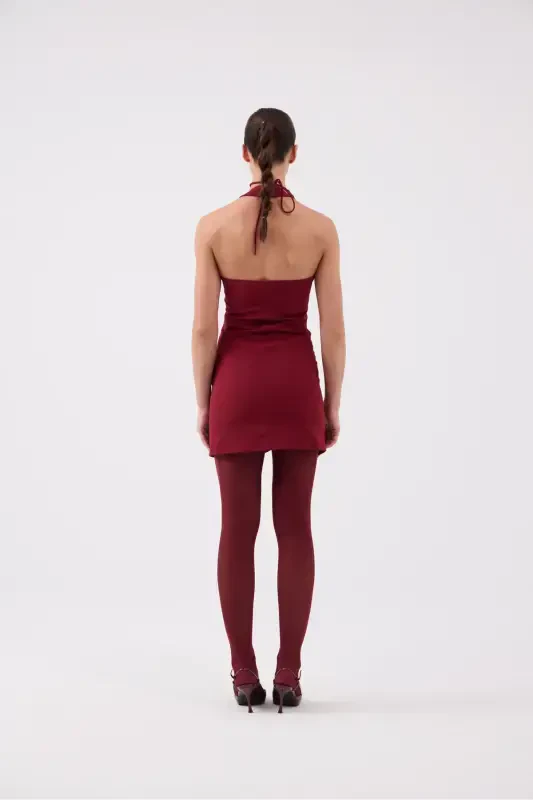 Gül Aksesuarlı Halter Yaka Düğmeli Mini Becca Elbise Bordo-Bordo - 5