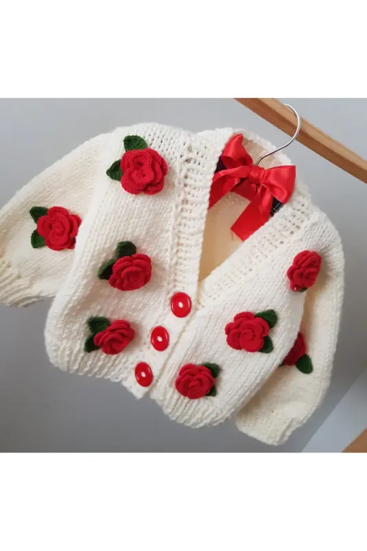Gül Detaylı El Örgüsü Çocuk Hırka, Çiçek Detaylı Bebek Hırka-BEYAZ - 2