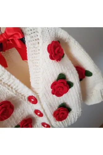 Gül Detaylı El Örgüsü Çocuk Hırka, Çiçek Detaylı Bebek Hırka-BEYAZ - 4