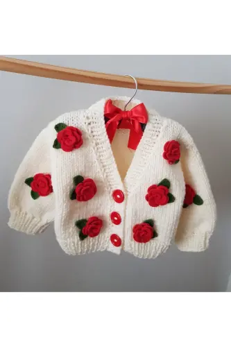 Gül Detaylı El Örgüsü Çocuk Hırka, Çiçek Detaylı Bebek Hırka-BEYAZ 