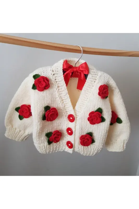 Gül Detaylı El Örgüsü Çocuk Hırka, Çiçek Detaylı Bebek Hırka-BEYAZ - EL ÖRGÜSÜ