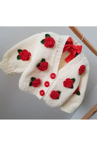 Gül Detaylı El Örgüsü Çocuk Hırka, Çiçek Detaylı Bebek Hırka-BEYAZ - 3