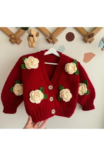 Gül Detaylı El Örgüsü Çocuk Hırka, Çiçek Detaylı Bebek Hırka-KIRMIZI 