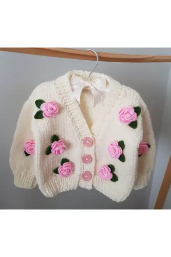 Gül Detaylı El Örgüsü Çocuk Hırka, Çiçek Detaylı Bebek Hırka-PEMBE 