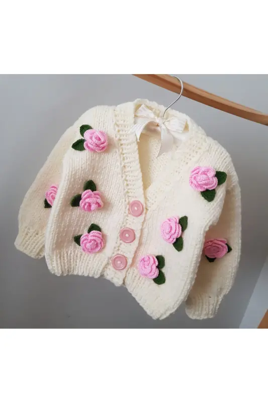 Gül Detaylı El Örgüsü Çocuk Hırka, Çiçek Detaylı Bebek Hırka-PEMBE - 3