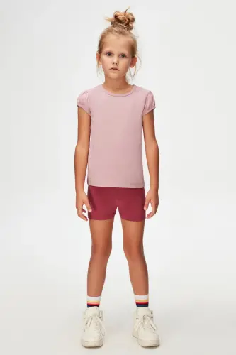 Gül Kurusu Basic Kız Çocuk Sıfır Yaka Karpuz Kol Tişört - DUSTY ROSE - 5
