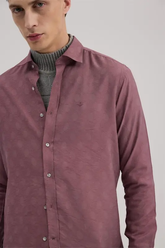 Gül Kurusu Comfort Fit Naqshli Viskoza Aralash Ko'ylak - 3