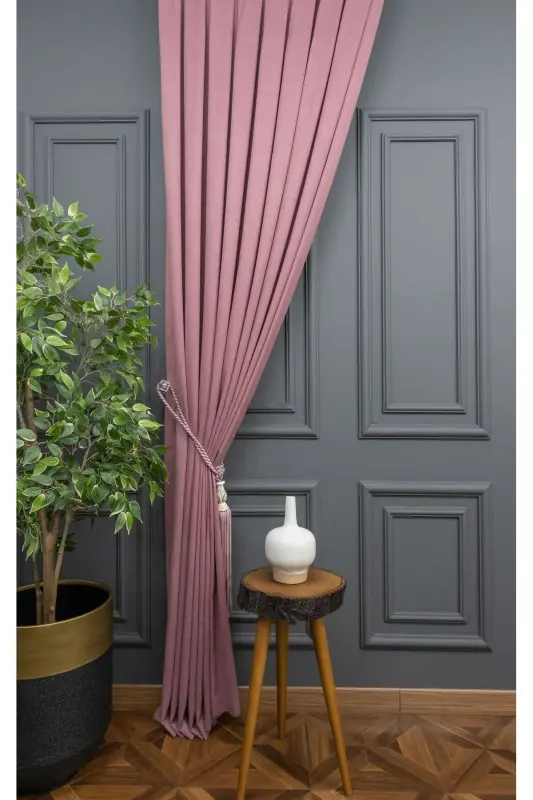 Gül Kurusu Düz Renk Fon Perde, Pilesiz Düz Dikim, Ekstrafor Büzgü, Tek Kanat-Gül Kurusu - 3