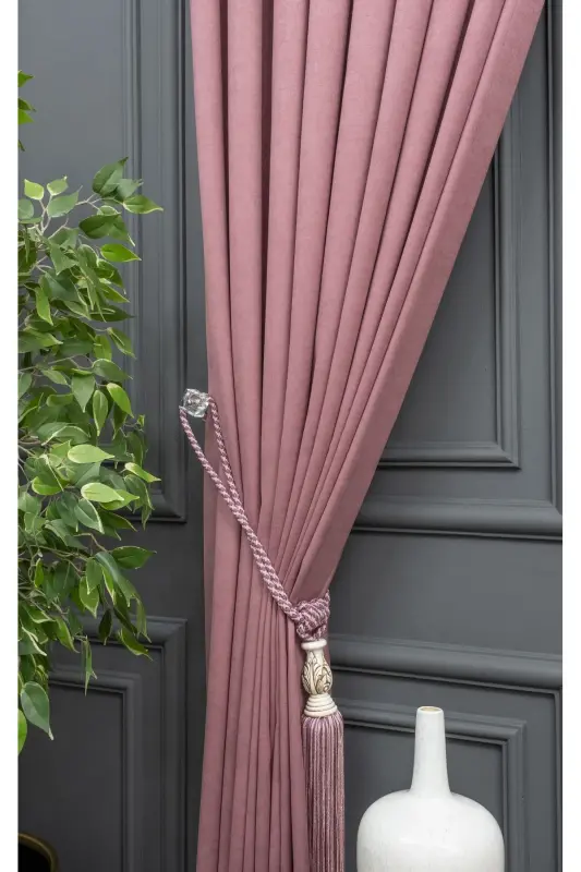 Gül Kurusu Düz Renk Fon Perde, Pilesiz Düz Dikim, Ekstrafor Büzgü, Tek Kanat-Gül Kurusu - 5