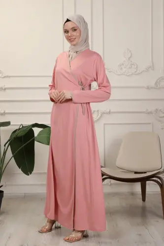 Gül Kurusu Kruvaze Yaka Biyeli Esnek Interlok Kumaş Namaz Elbisesi-Gül Kurusu - 3