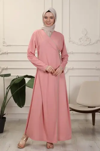 Gül Kurusu Kruvaze Yaka Biyeli Esnek Interlok Kumaş Namaz Elbisesi-Gül Kurusu - 4