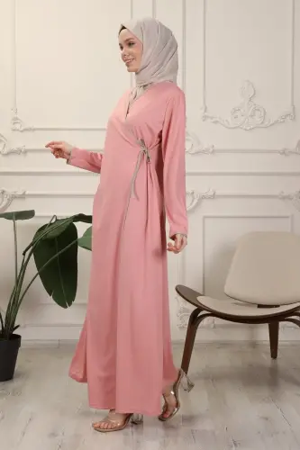 Gül Kurusu Kruvaze Yaka Biyeli Esnek Interlok Kumaş Namaz Elbisesi-Gül Kurusu - 5