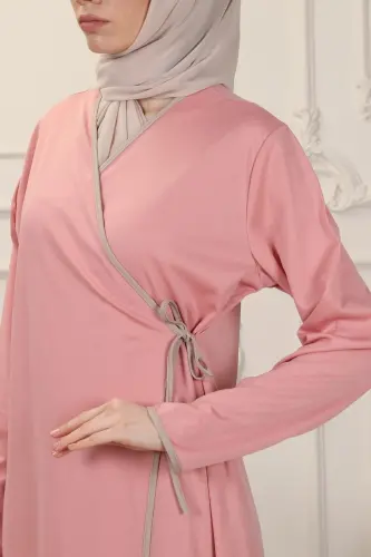 Gül Kurusu Kruvaze Yaka Biyeli Esnek Interlok Kumaş Namaz Elbisesi-Gül Kurusu - 6