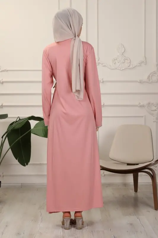 Gül Kurusu Kruvaze Yaka Biyeli Esnek Interlok Kumaş Namaz Elbisesi-Gül Kurusu - 8