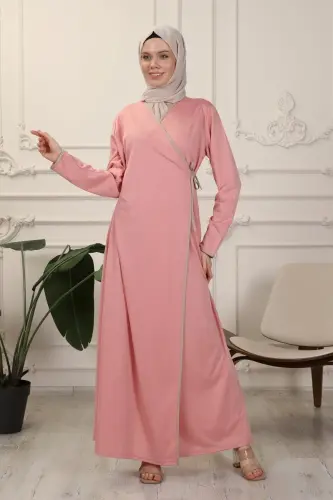 Gül Kurusu Kruvaze Yaka Biyeli Esnek Interlok Kumaş Namaz Elbisesi-Gül Kurusu 