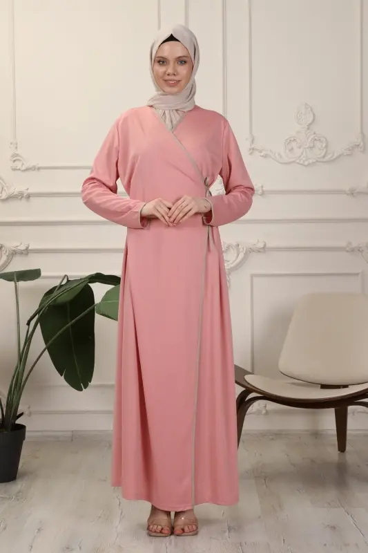 Gül Kurusu Kruvaze Yaka Biyeli Esnek Interlok Kumaş Namaz Elbisesi-Gül Kurusu - 2