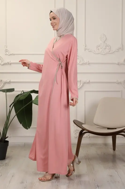 Gül Kurusu Kruvaze Yaka Biyeli Esnek Interlok Kumaş Namaz Elbisesi-Gül Kurusu - 5