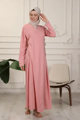 Gül Kurusu Kruvaze Yaka Biyeli Esnek Interlok Kumaş Namaz Elbisesi-Gül Kurusu - 7