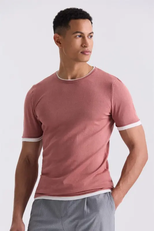 Gül Kurusu Slim Fit Triko Bisiklet Yaka T-Shirt - JAKAMEN
