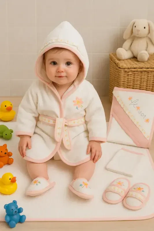 Gulli kashtali Gaya chaqaloq sochiqli xalat to'plami Organik Antibakterial - Chaqaloq tug'ilgan kuniga sovg'a-Pushti - CHERUB BABY