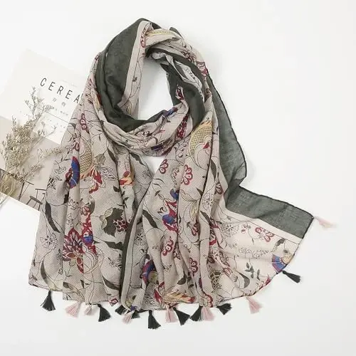 YOUR SMILE Large Boho Scarf for Women Lightweight Floral Printed Scarves Fall Winter Fashion Fringed Shawl wraps - 4