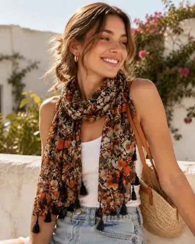 YOUR SMILE Large Boho Scarf for Women Lightweight Floral Printed Scarves Fall Winter Fashion Fringed Shawl wraps - 2