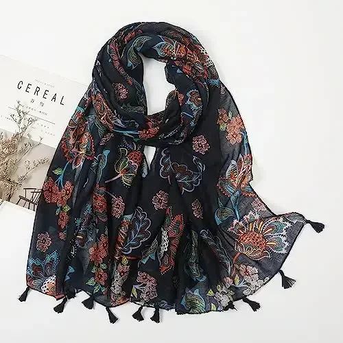 YOUR SMILE Large Boho Scarf for Women Lightweight Floral Printed Scarves Fall Winter Fashion Fringed Shawl wraps - 4