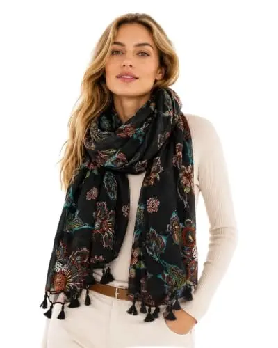 YOUR SMILE Large Boho Scarf for Women Lightweight Floral Printed Scarves Fall Winter Fashion Fringed Shawl wraps 