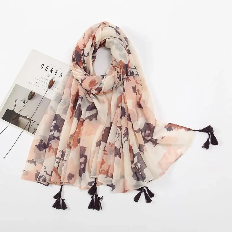 YOUR SMILE Large Boho Scarf for Women Lightweight Floral Printed Scarves Fall Winter Fashion Fringed Shawl wraps - 4