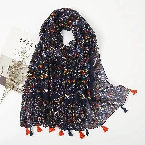 YOUR SMILE Large Boho Scarf for Women Lightweight Floral Printed Scarves Fall Winter Fashion Fringed Shawl wraps - 4
