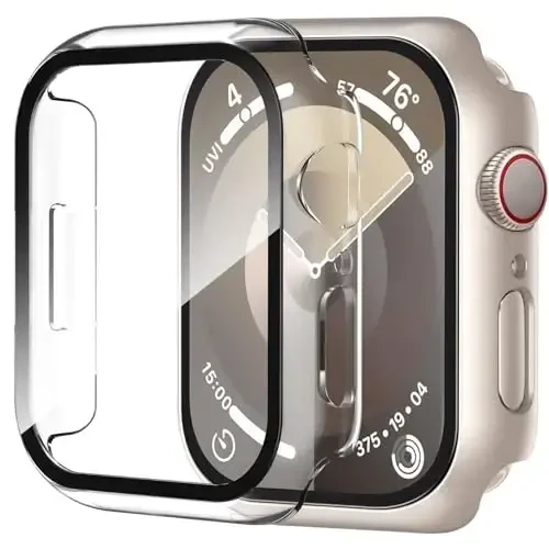 Smiling 2 Pack Case Built in Tempered Glass Screen Protector Compatible with Apple Watch Series 9/Series 8/Series 7 45mm, Hard PC Case Overall Protective Cover- 1 Starlight + 1 Transparent 