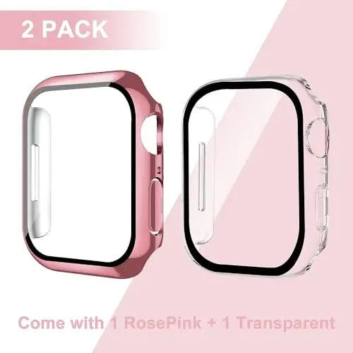 Smiling 2 Pack Case Compatible with Apple Watch Series 9/8/7 41mm with Tempered Glass Screen Protector, Hard PC Case Overall Protective Cover- 1 Rose Pink + 1 Transparent - 2